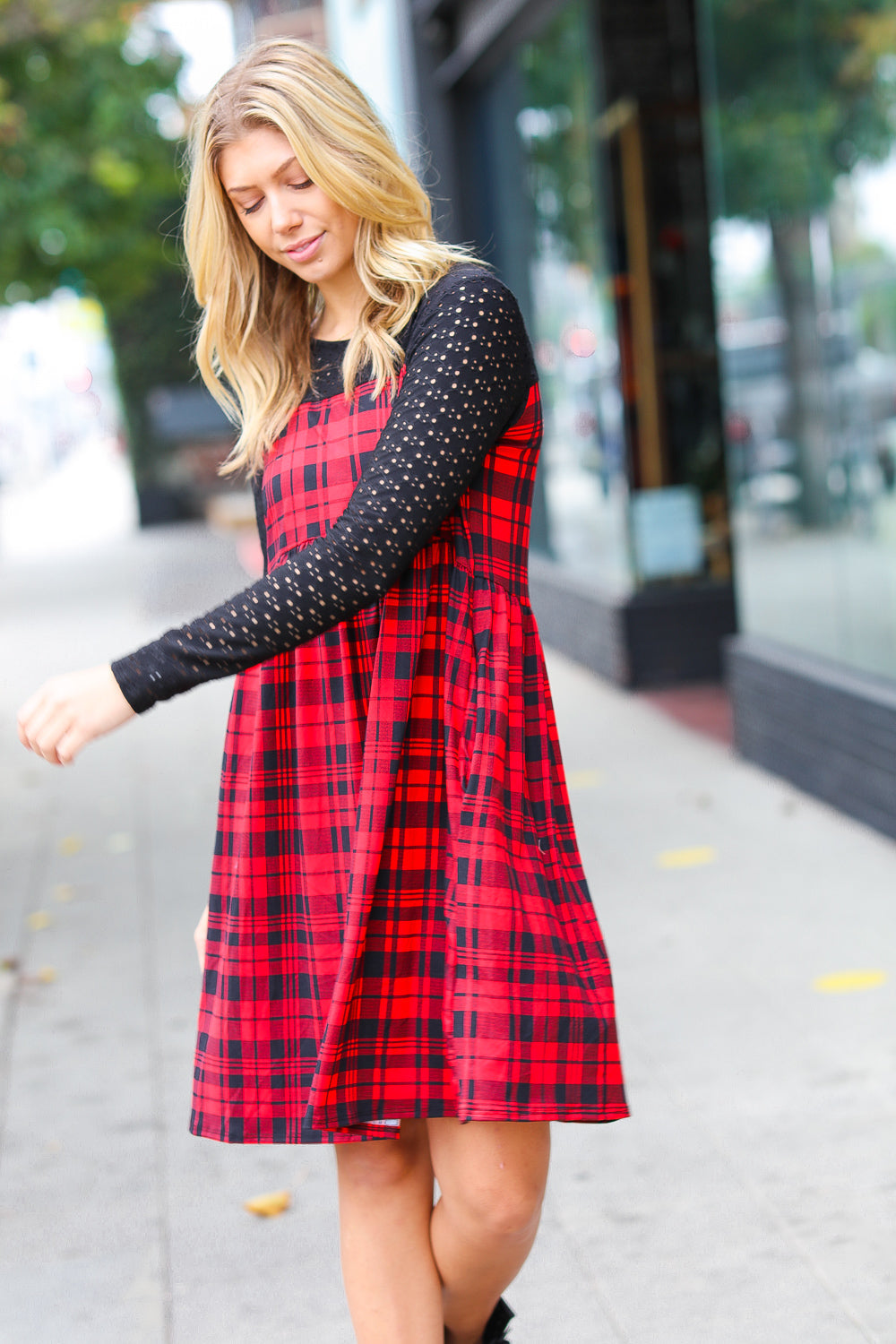 Haptics Red & Black Holiday Checker Plaid Eyelet Twofer Midi Dress Haptics