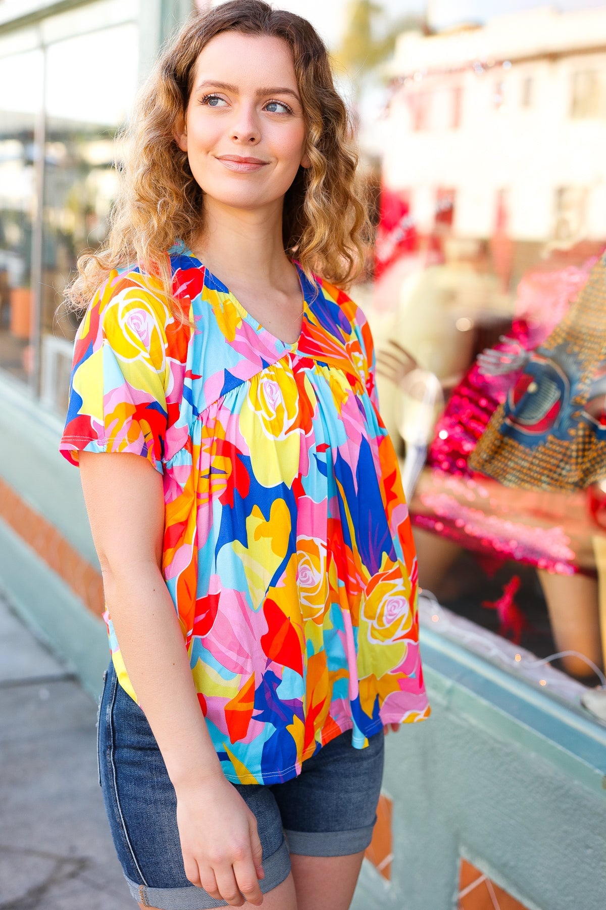 Haptics Orange & Yellow Geometric Floral V Neck Dolman Top Final Sale Haptics