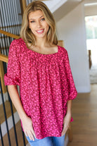 Haptics Perfectly You Fuchsia Floral Three Quarter Sleeve Square Neck Top Final Ssle Haptics