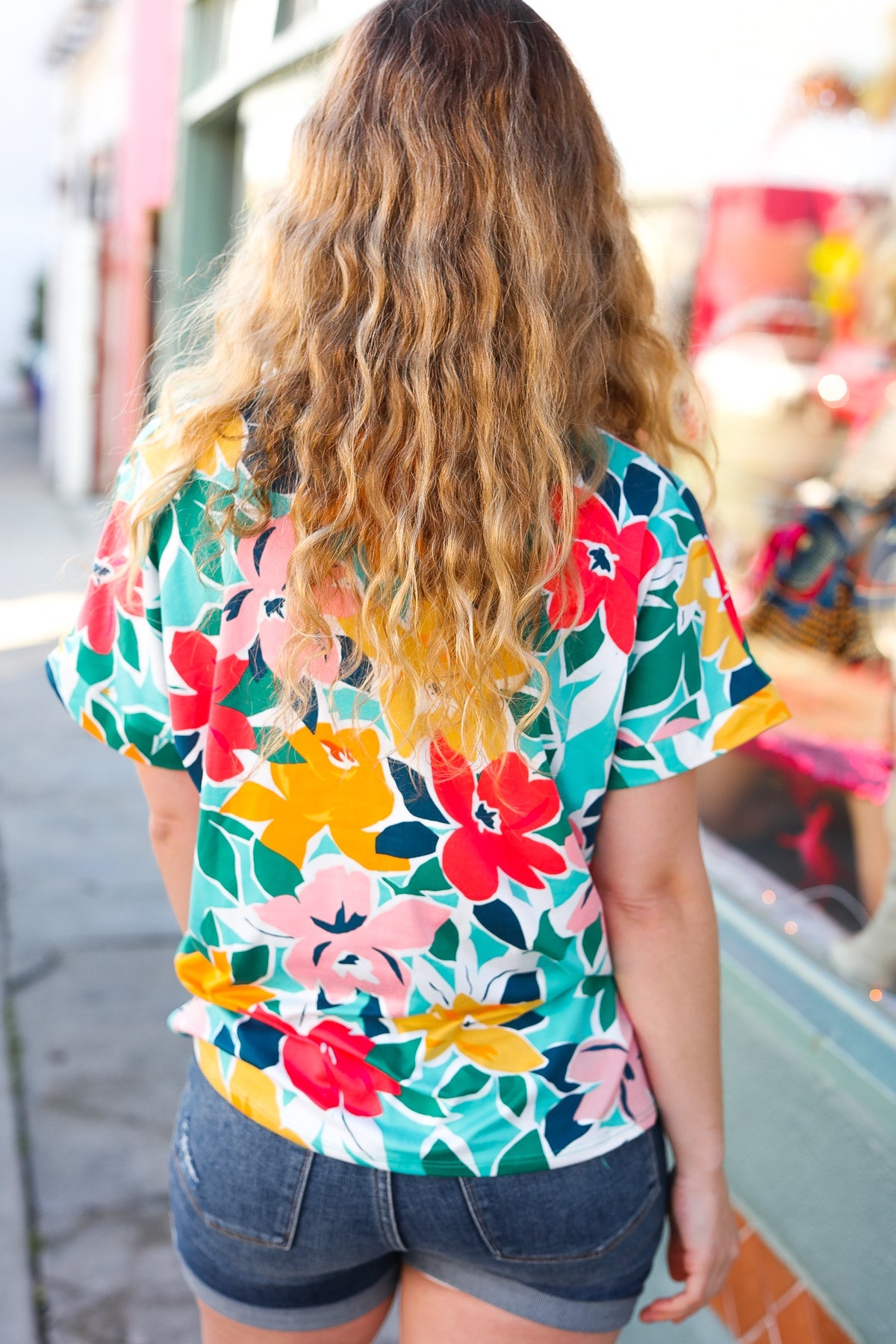 Haptics Teal & Coral Flat Floral V Neck Top Haptics