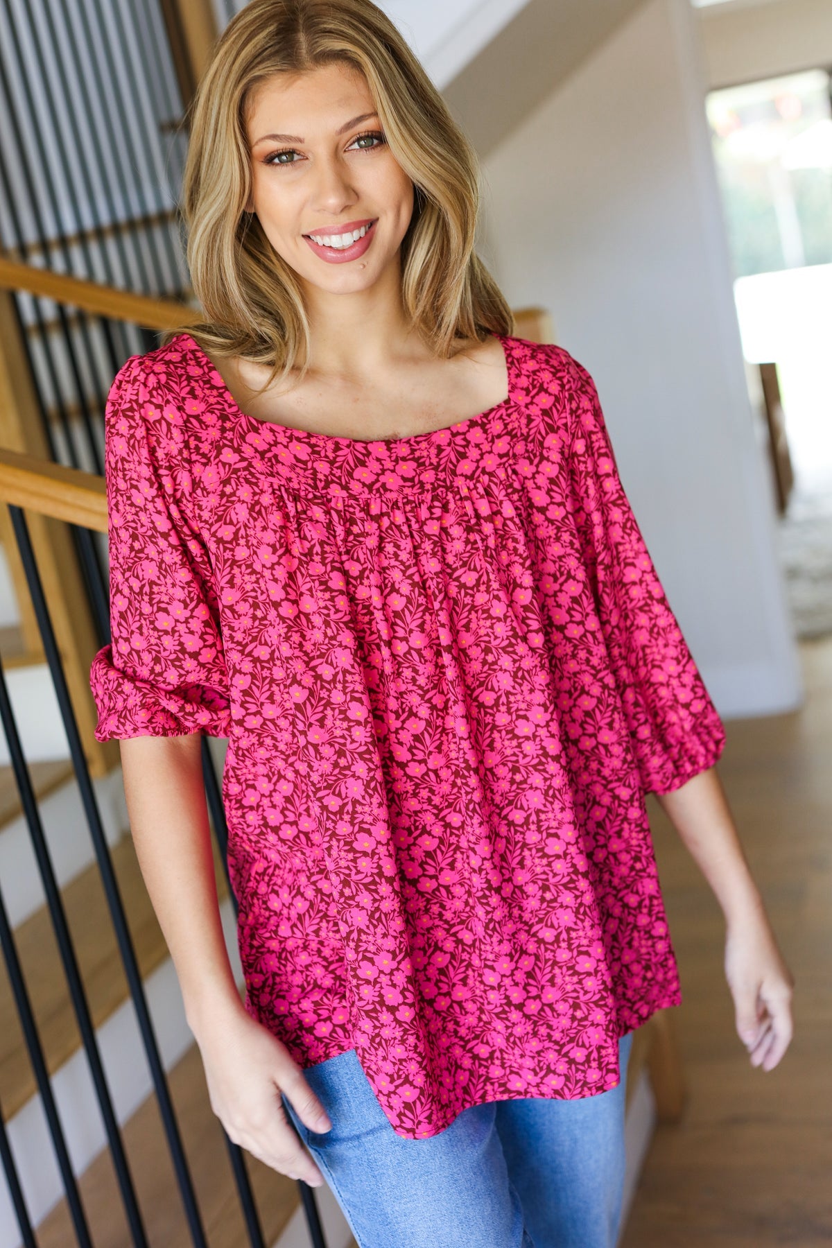 Haptics Perfectly You Fuchsia Floral Three Quarter Sleeve Square Neck Top Final Ssle Haptics