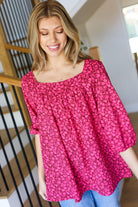 Haptics Perfectly You Fuchsia Floral Three Quarter Sleeve Square Neck Top Final Ssle Haptics