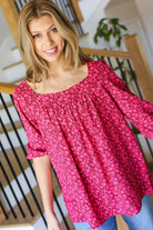 Haptics Perfectly You Fuchsia Floral Three Quarter Sleeve Square Neck Top Final Ssle Haptics