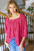 Haptics Perfectly You Fuchsia Floral Three Quarter Sleeve Square Neck Top Final Ssle Haptics