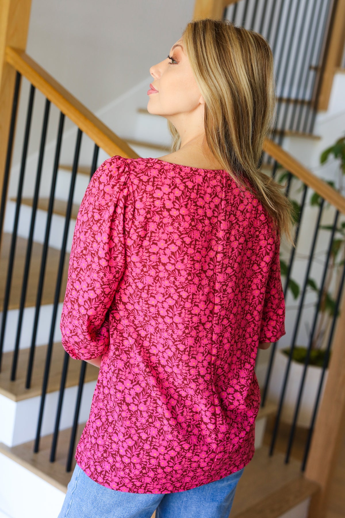 Haptics Perfectly You Fuchsia Floral Three Quarter Sleeve Square Neck Top Final Ssle Haptics