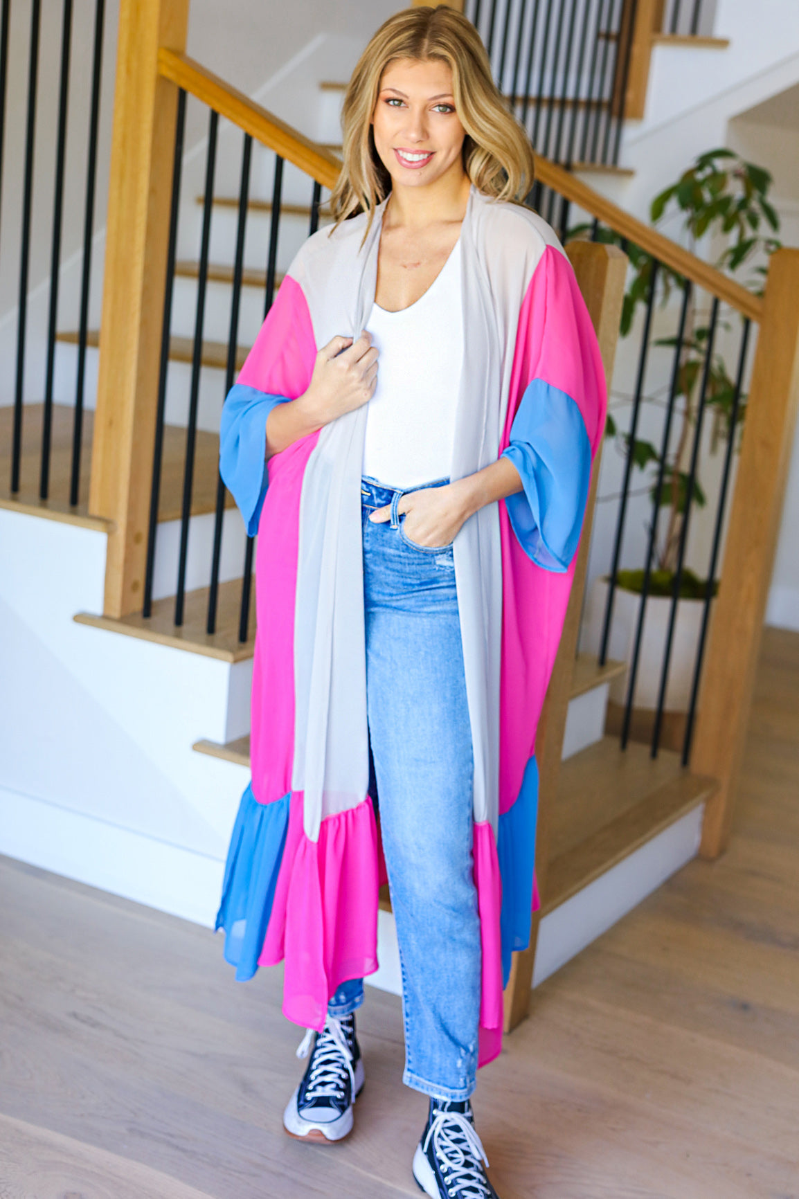 Haptics Taupe & Fuchsia Color Block Ruffle Hem Kimono Final Sale Haptics