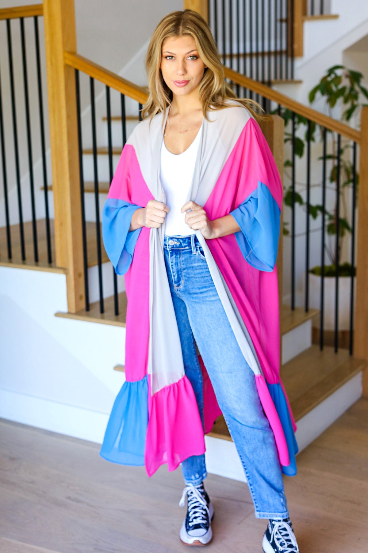 Haptics Taupe & Fuchsia Color Block Ruffle Hem Kimono Final Sale Haptics