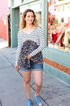 Red Lolly Cream & Navy Floral Stripe V Neck Colorblock Top