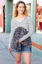 Red Lolly Cream & Navy Floral Stripe V Neck Colorblock Top