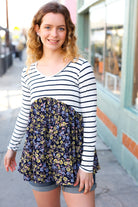 Red Lolly Cream & Navy Floral Stripe V Neck Colorblock Top