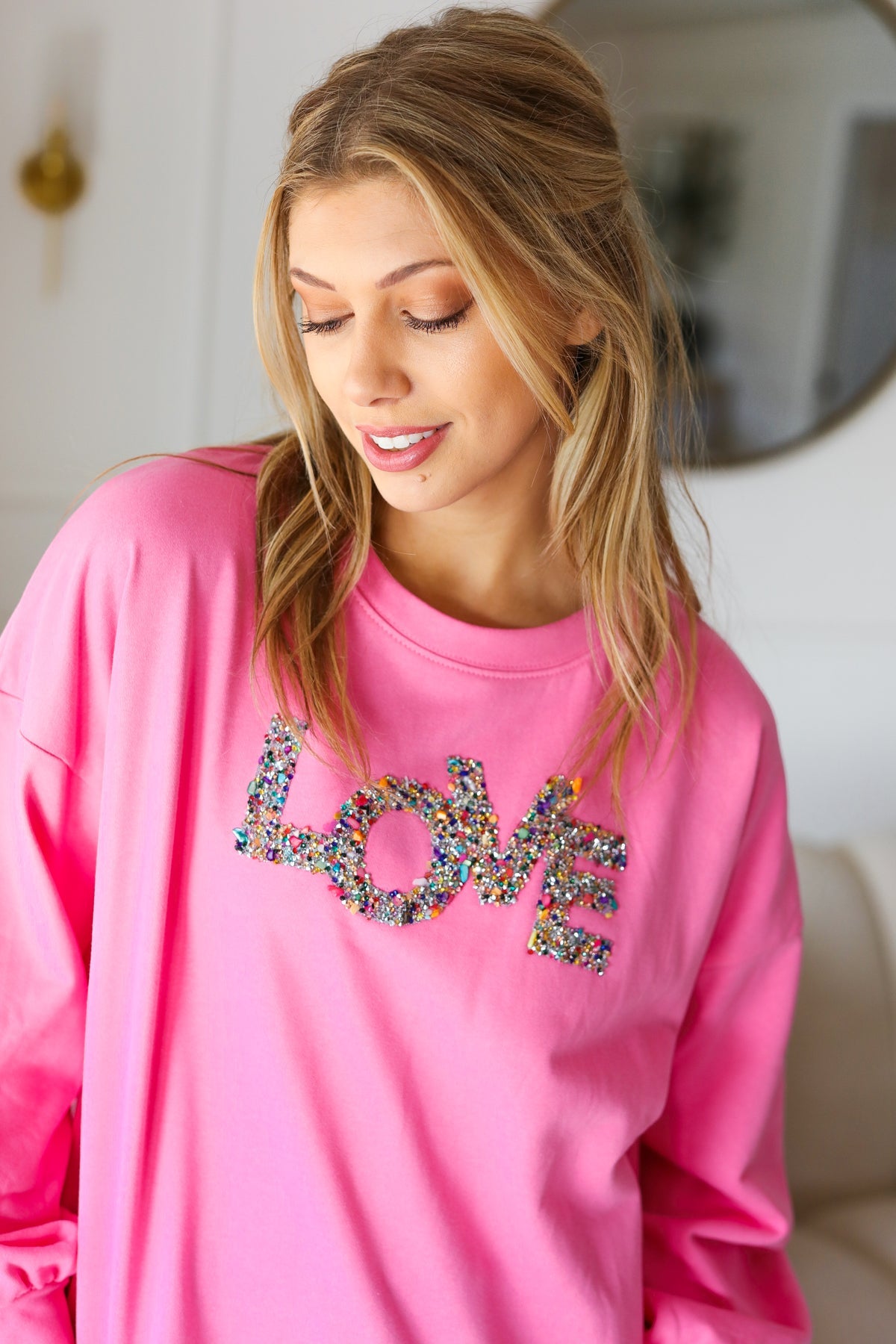 Haptics S, 2X, 3X Pink "LOVE" Jewel Beaded Patch Pullover Top Final Sale Haptics