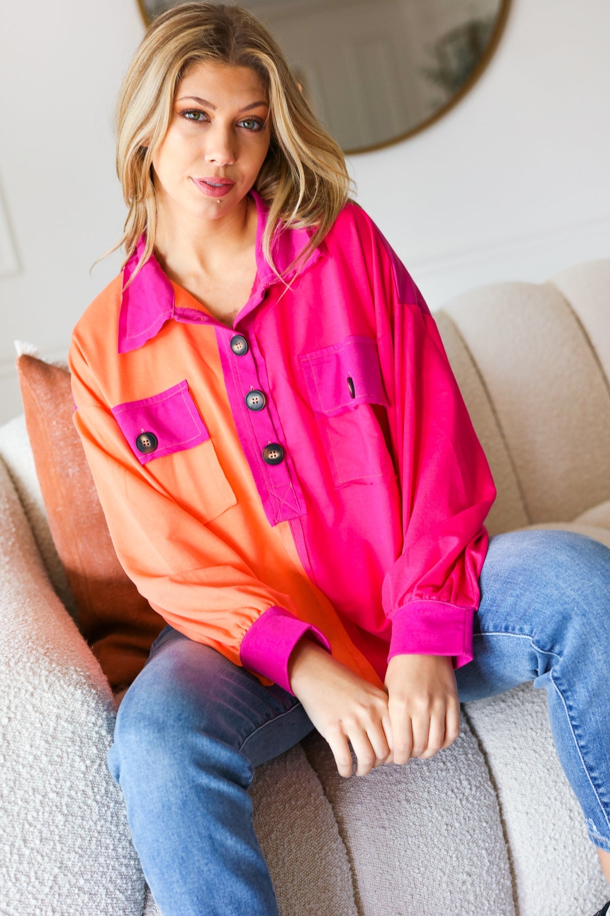Haptics Feeling Bold Orange & Fuchsia Color Block Button Down Top
