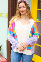 Haptics Feeling Bold Lilac Multicolor Stripe Collared V Neck Pullover Final Sale Haptics