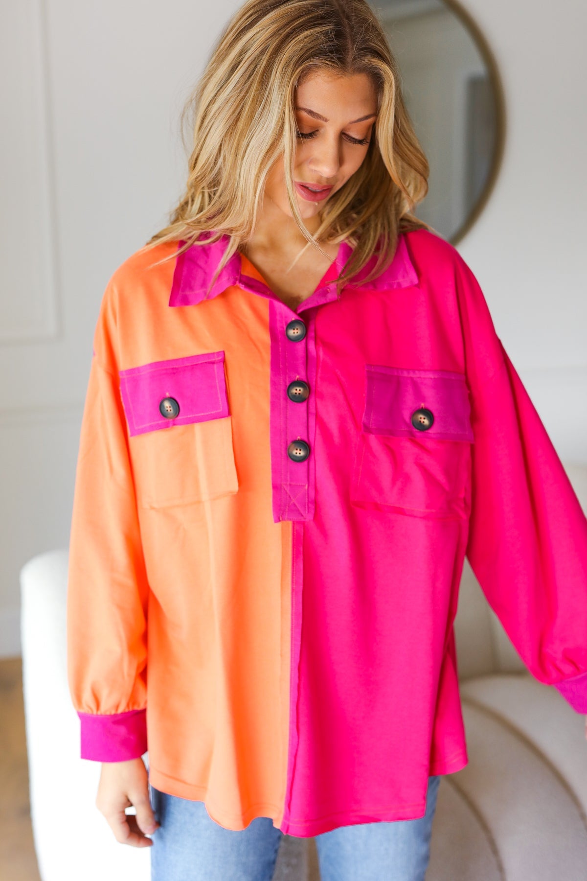 Haptics Feeling Bold Orange & Fuchsia Color Block Button Down Top