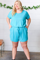 Zenana Ice Blue Brushed Knit Elastic Waist Pocketed Romper