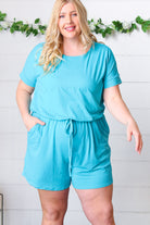 Zenana Ice Blue Brushed Knit Elastic Waist Pocketed Romper