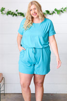 Zenana Ice Blue Brushed Knit Elastic Waist Pocketed Romper