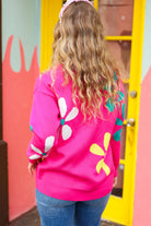 Haptics Flower Power Hot Pink Daisy Jacquard Pullover Sweater Haptics