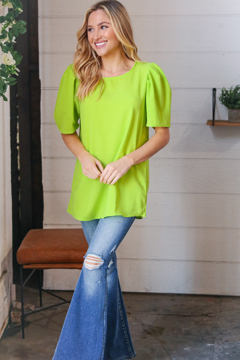 Haptics Neon Green Round Neck Puff Sleeve Crepe Top Haptics