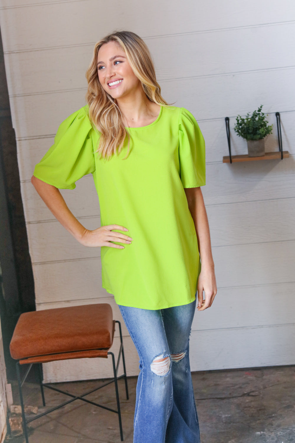 Haptics Neon Green Round Neck Puff Sleeve Crepe Top Haptics