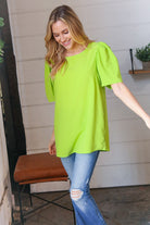 Haptics Neon Green Round Neck Puff Sleeve Crepe Top Haptics