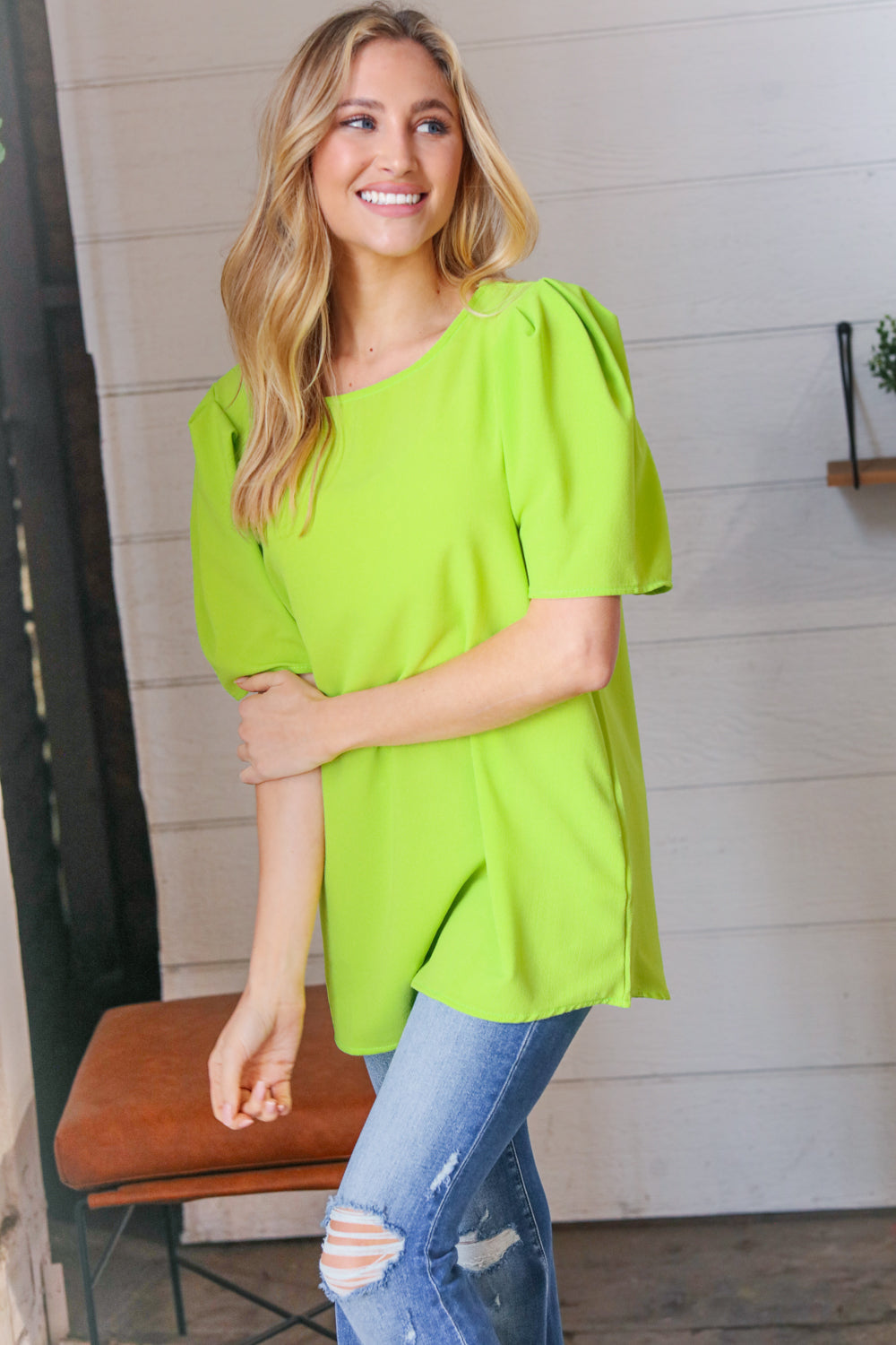 Haptics Neon Green Round Neck Puff Sleeve Crepe Top Haptics