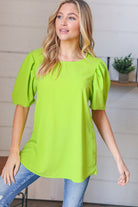 Haptics Neon Green Round Neck Puff Sleeve Crepe Top Haptics