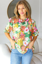 Haptics All For You Green Floral Print Frill Smocked Top- M MemorialDay24