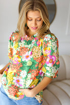 Haptics All For You Green Floral Print Frill Smocked Top- M MemorialDay24