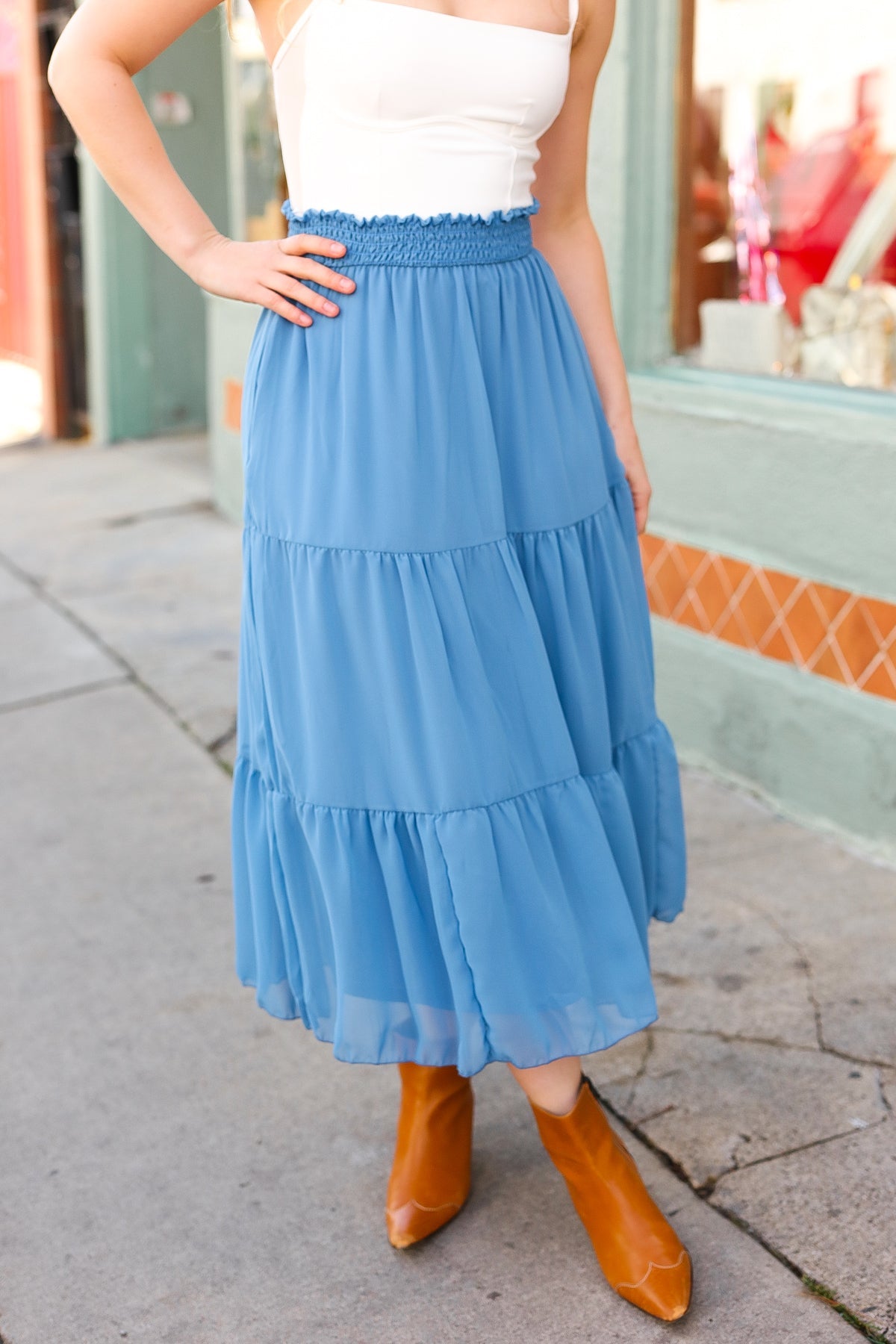 Haptics Look of Love Denim Blue Smocked Waist Tiered Chiffon Skirt Haptics