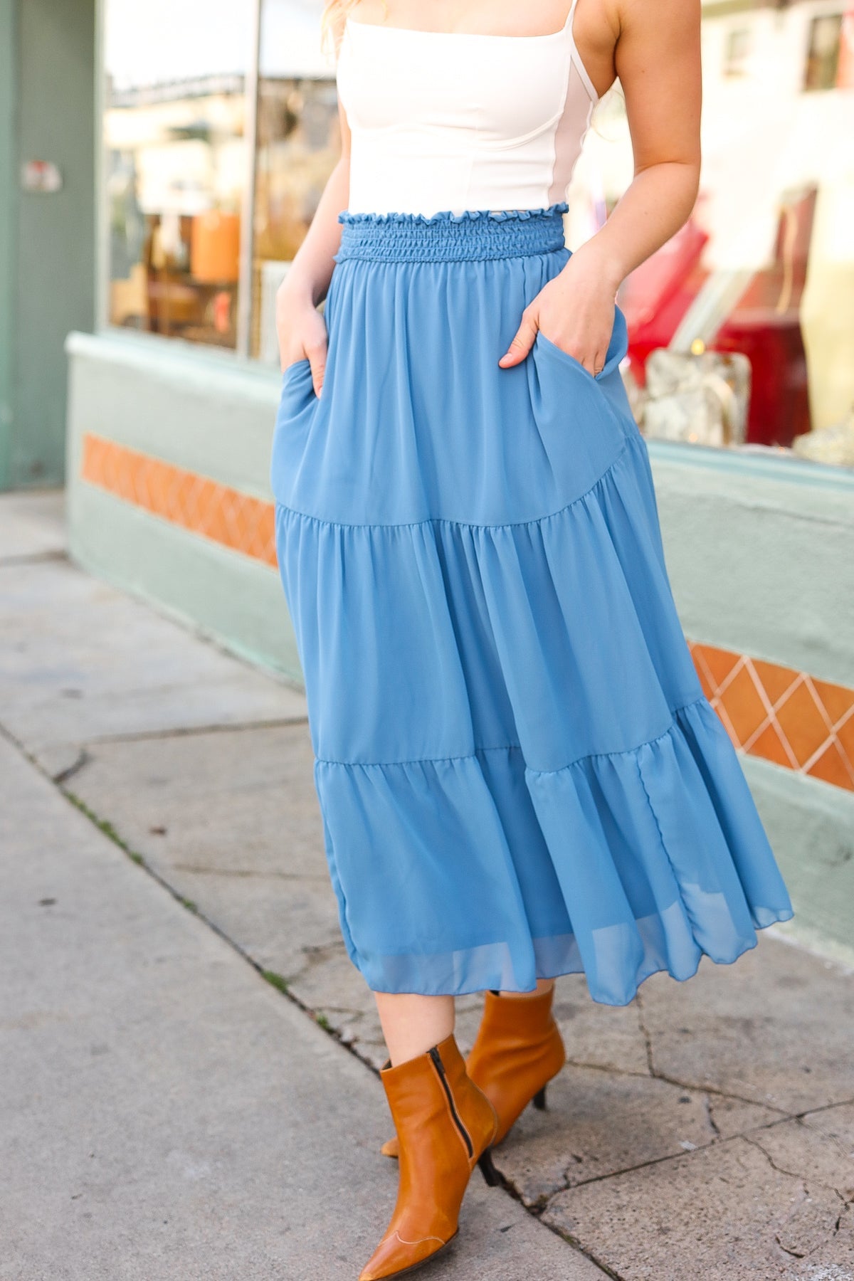 Haptics Look of Love Denim Blue Smocked Waist Tiered Chiffon Skirt Haptics