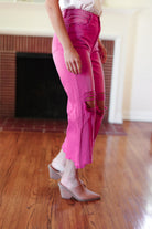 Zenana Cut Loose Hot Pink High Rise Washed Distressed Hem & Knee Cropped Pants Zenana
