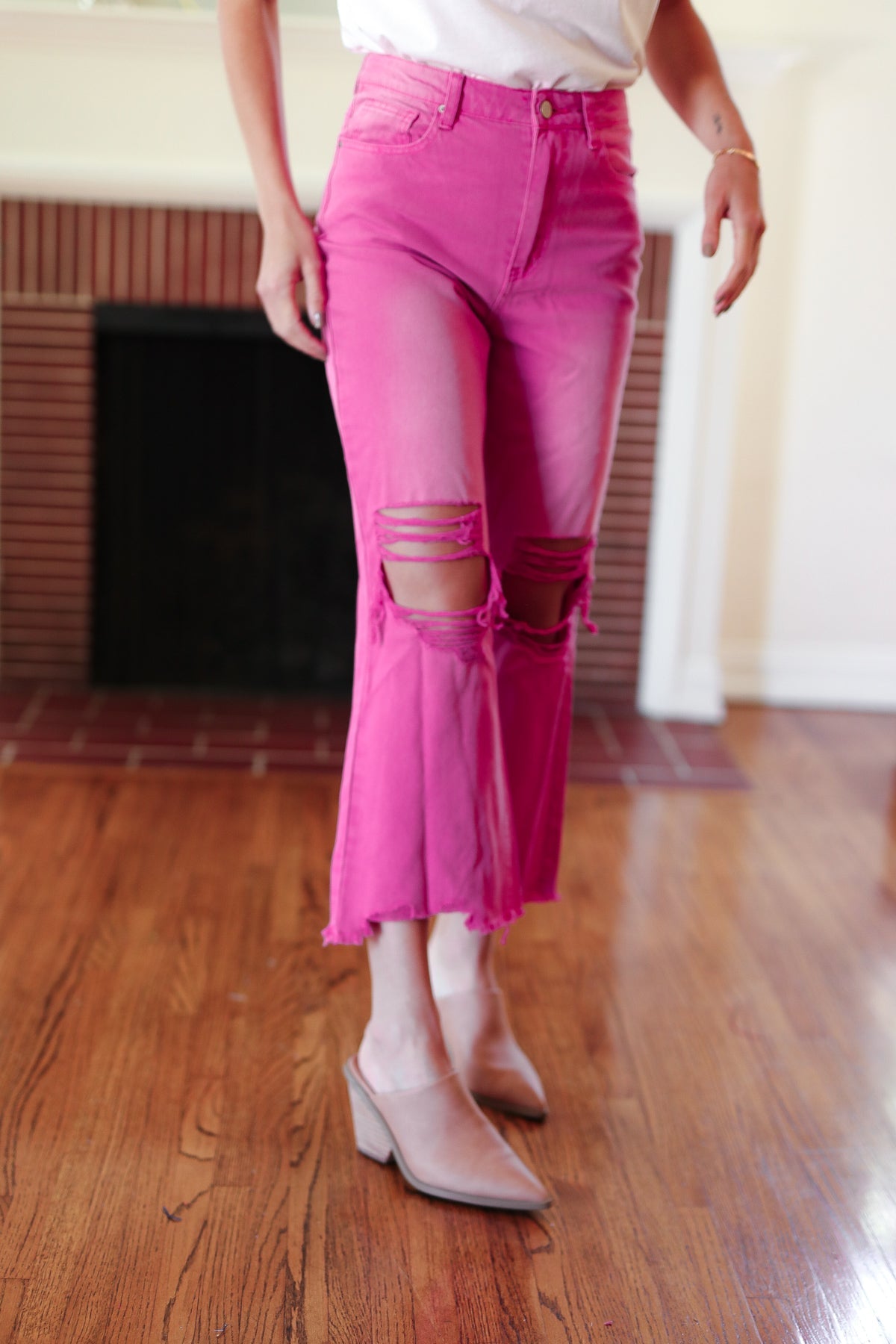 Zenana Cut Loose Hot Pink High Rise Washed Distressed Hem & Knee Cropped Pants Zenana