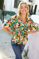 Haptics Green/Yellow Floral Frill Balloon Short Sleeve Blouse Shirts & Tops