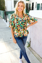 Haptics Green/Yellow Floral Frill Balloon Short Sleeve Blouse Shirts & Tops