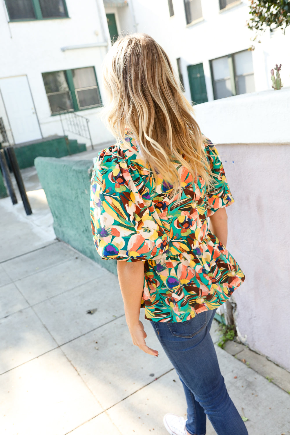 Haptics Green/Yellow Floral Frill Balloon Short Sleeve Blouse Shirts & Tops