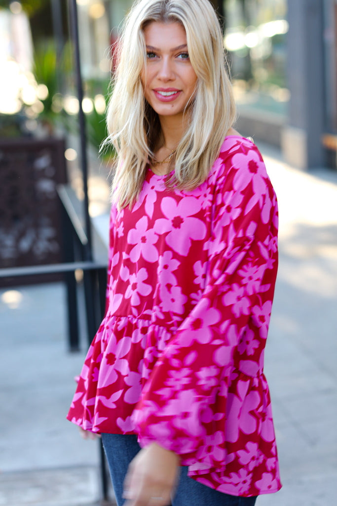 Haptics Red & Magenta Floral V Neck Woven Babydoll Top Haptics