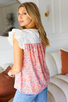 Haptics Coral & White Cotton Floral Embroidered Yoke Top Haptics