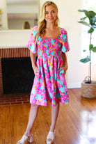 Haptics Vacay Vibes Fuchsia Floral Print Fit & Flare Smocked Dress Haptics