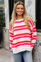 Haptics Red/Pink Loose Knit Stripe Ribbed Pullover