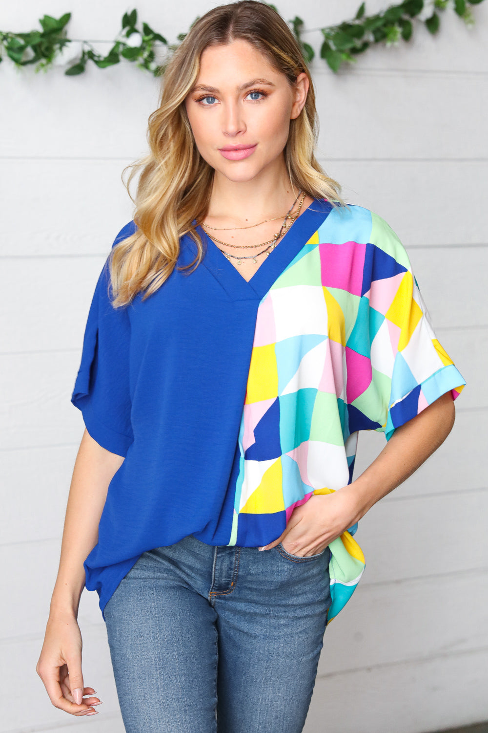 Haptics Royal Blue Multicolor Geometric Color Block Dolman Top Final Sale Haptics