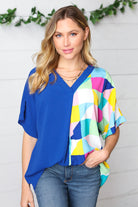 Haptics Royal Blue Multicolor Geometric Color Block Dolman Top Final Sale Haptics