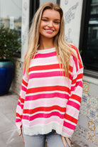 Haptics Red/Pink Loose Knit Stripe Ribbed Pullover