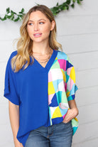 Haptics Royal Blue Multicolor Geometric Color Block Dolman Top Final Sale Haptics