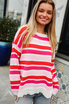 Haptics Red/Pink Loose Knit Stripe Ribbed Pullover