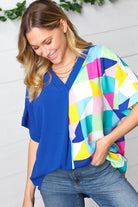 Haptics Royal Blue Multicolor Geometric Color Block Dolman Top Final Sale Haptics