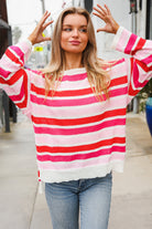 Haptics Red/Pink Loose Knit Stripe Ribbed Pullover Shirts & Tops