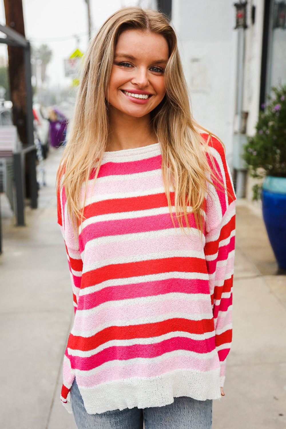 Haptics Red/Pink Loose Knit Stripe Ribbed Pullover Shirts & Tops