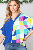 Haptics Royal Blue Multicolor Geometric Color Block Dolman Top Final Sale Haptics