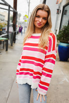 Haptics Red/Pink Loose Knit Stripe Ribbed Pullover